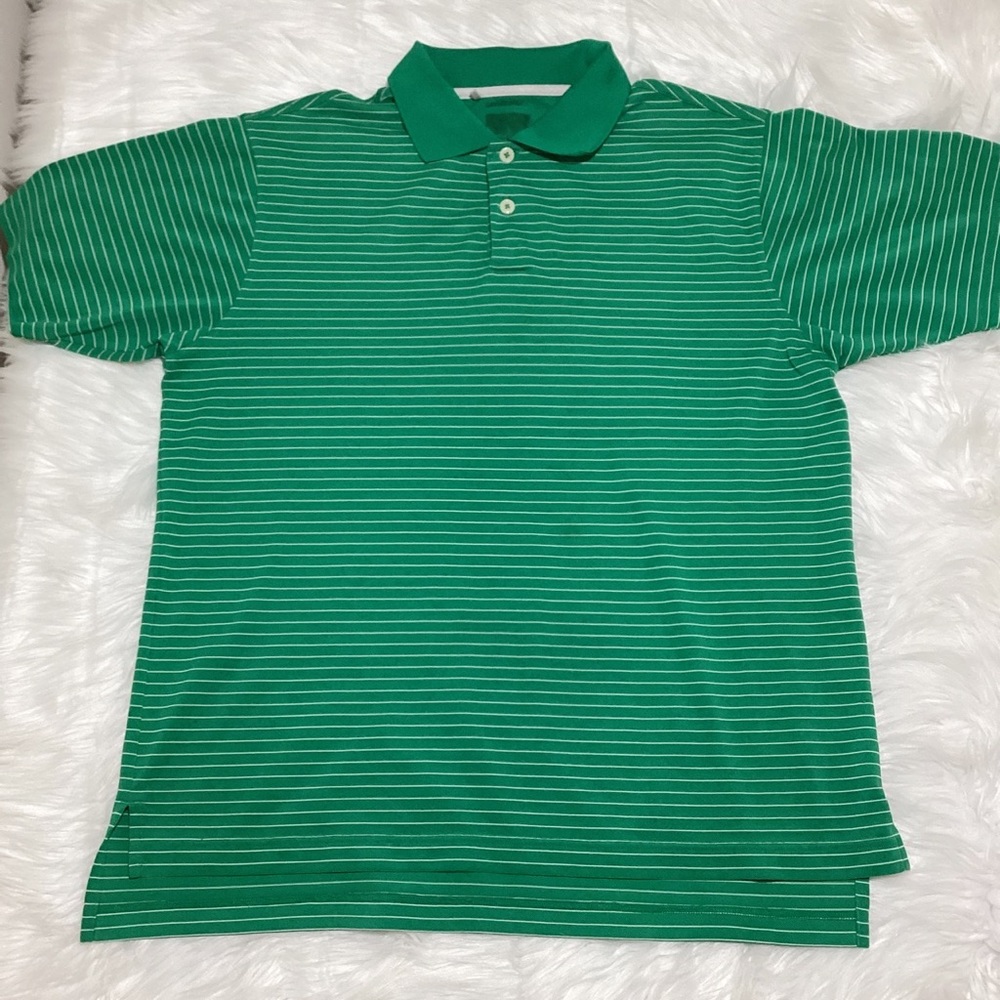Adidas Men’s Green White Stripes Solid Polo Collared Golf Shirt DriFit Fabric